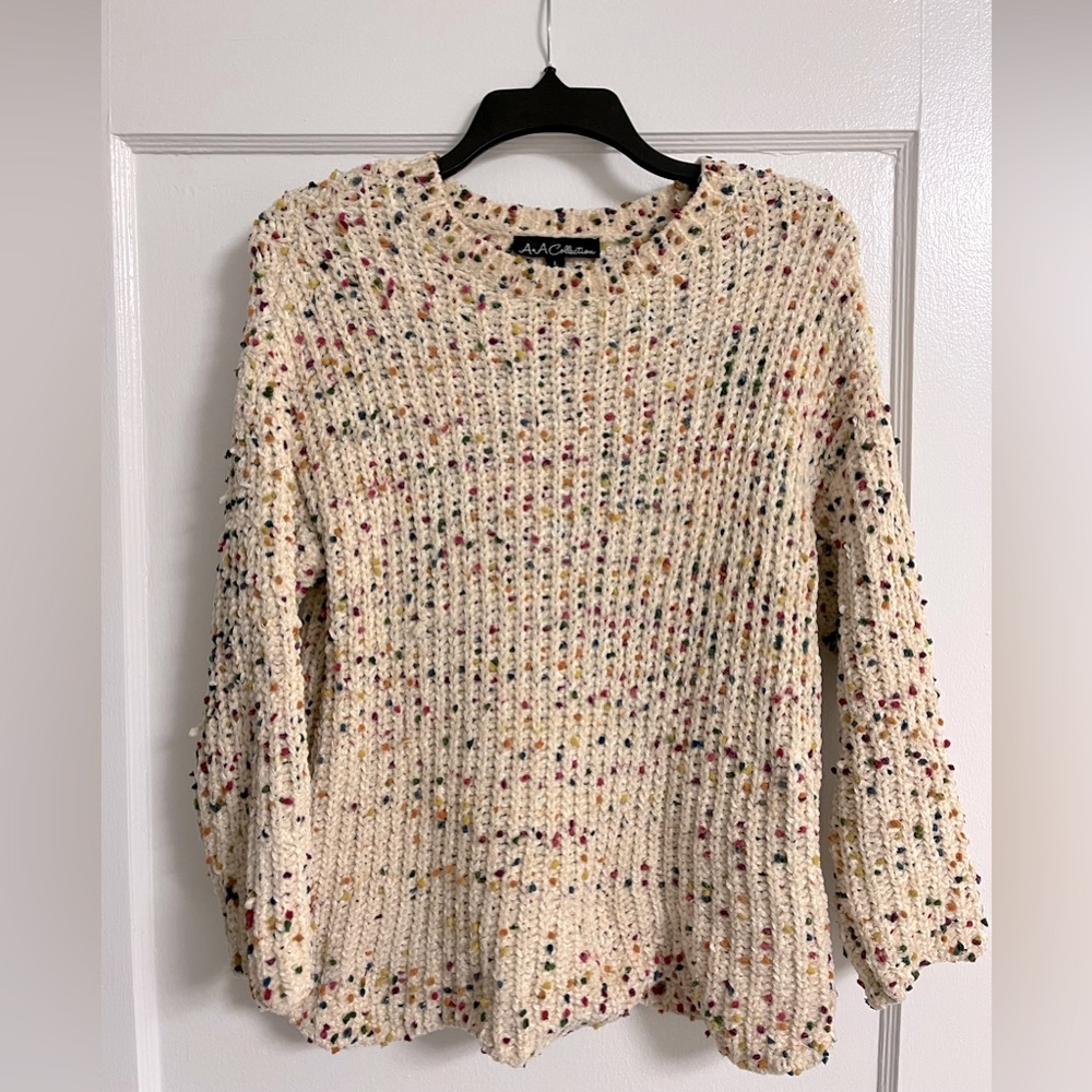 Confetti speckled mini pom pom Crewneck sweater multi color beige size large